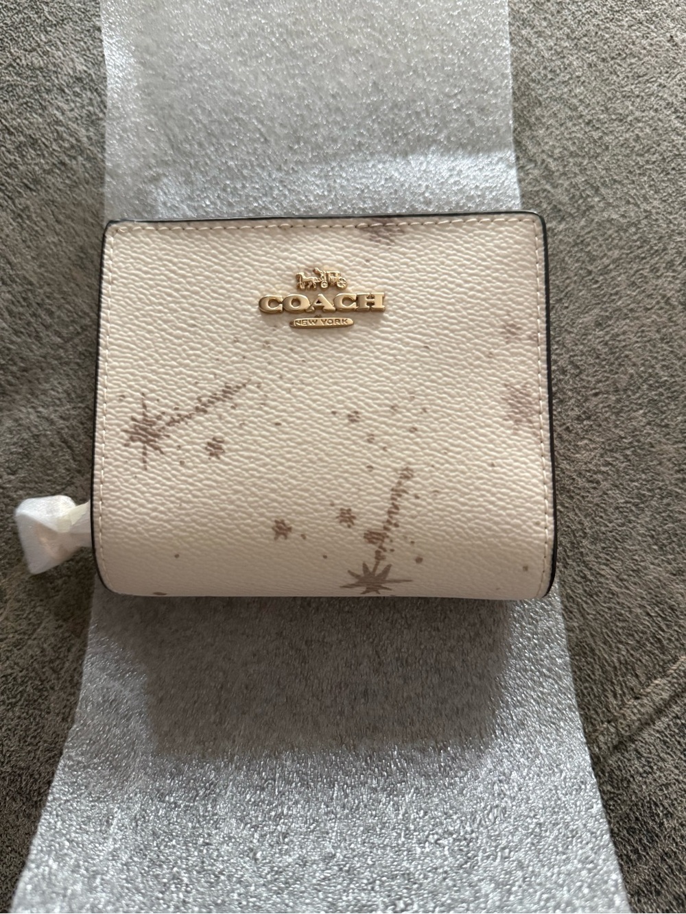Coach Cream Compact Wallet with Taupe Star Print and Gold Logo